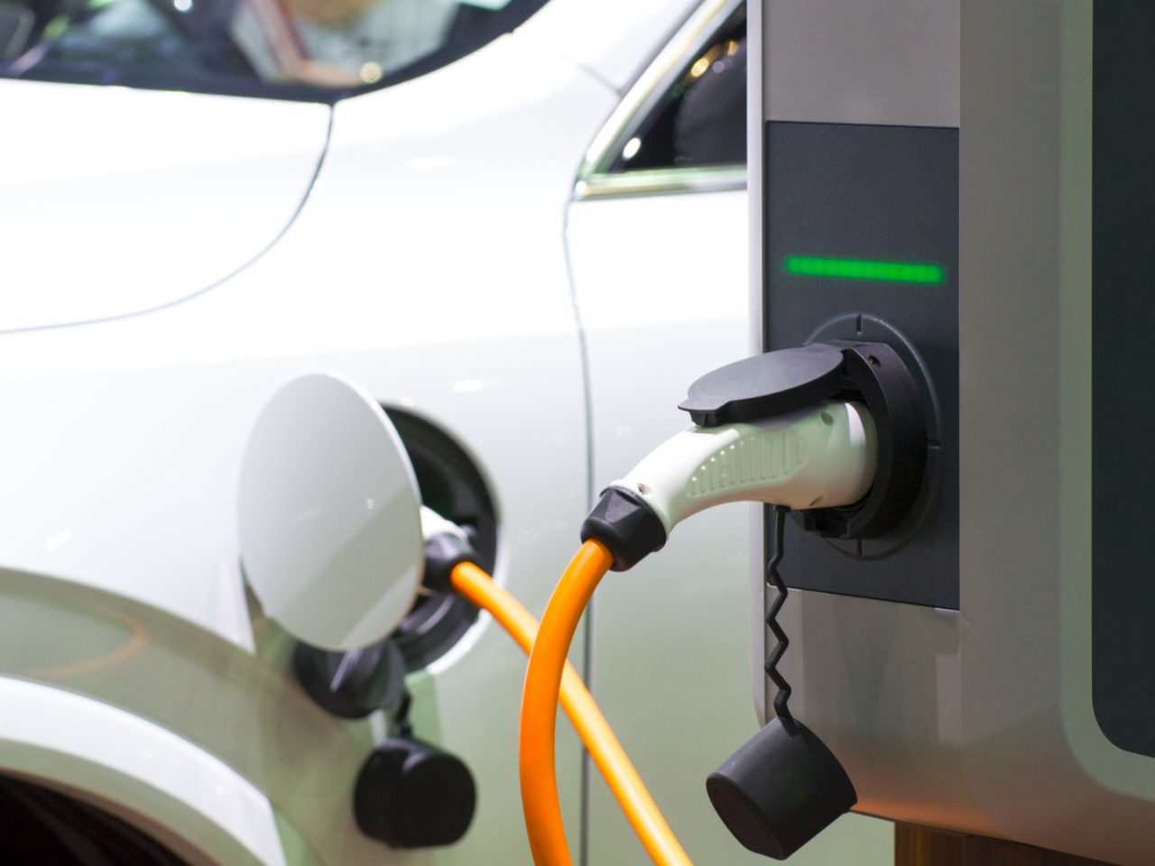 Power supply for electric car charging. Electric car charging station. Close up  ...