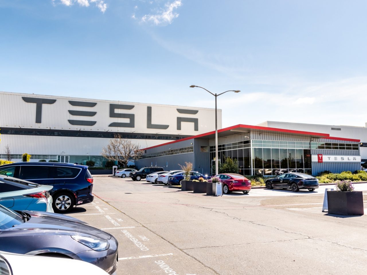 April 12, 2019 Fremont / CA / USA - Exterior view of Tesla Factory located in Ea ...