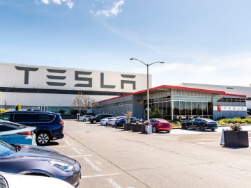 April 12, 2019 Fremont / CA / USA - Exterior view of Tesla Factory located in Ea ...