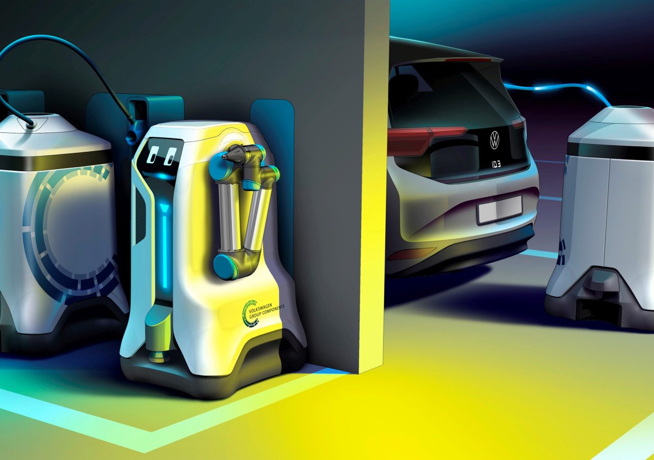 Compact and autonomous: Volkswagen Group Components’ mobile charging robot. ...