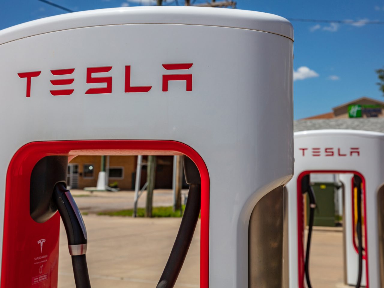 USA Oklahoma, May 13th, 2019. Electric cars Tesla charging station, closeup view ...
